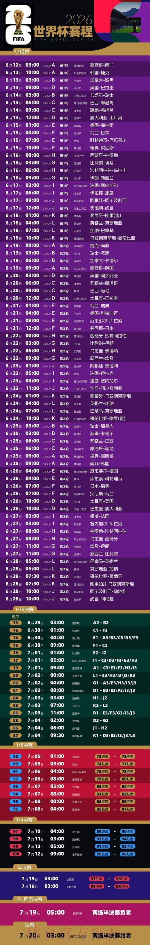 2026世界杯每日赛程高清版比赛时间表怎么看